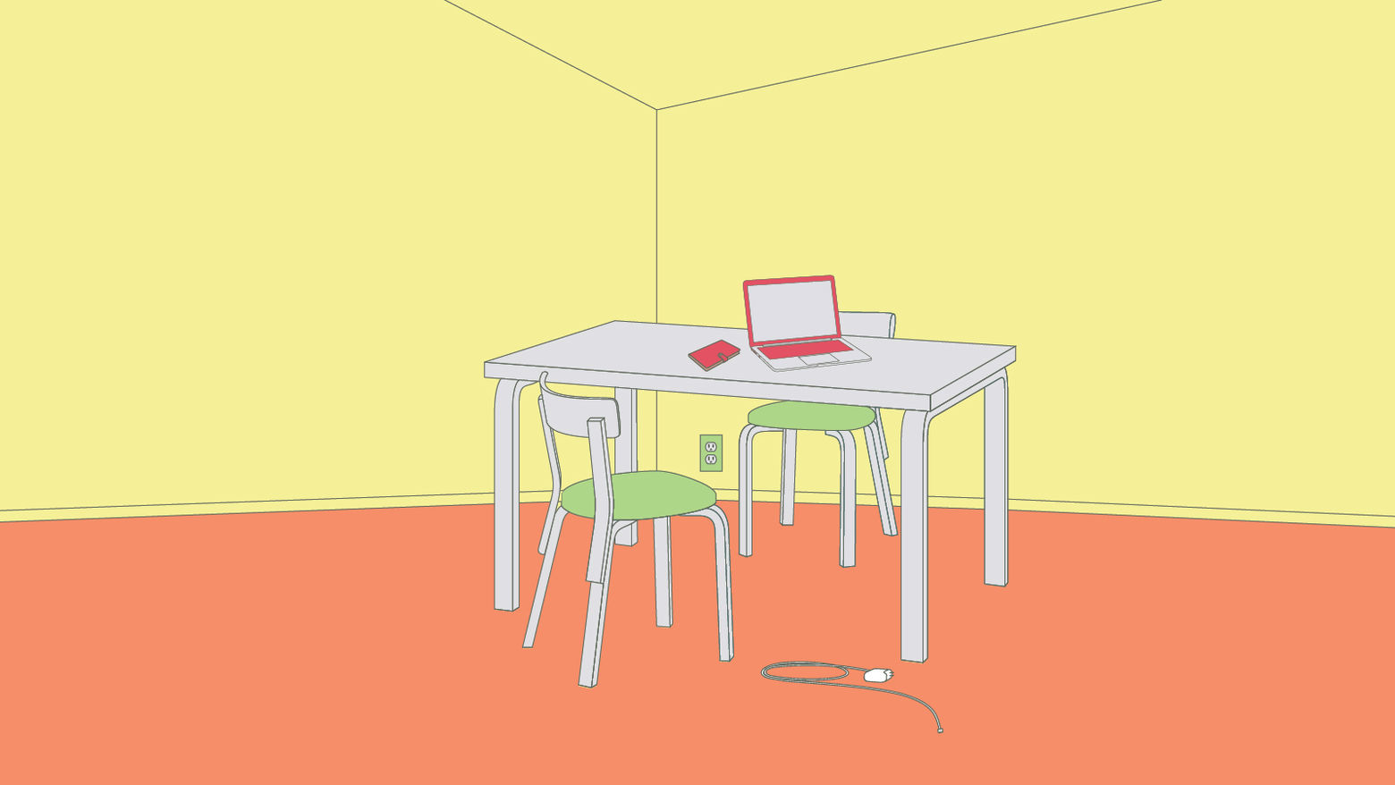 Drawing of a study desk with laptop in a room with yellow walls and an orange floor.