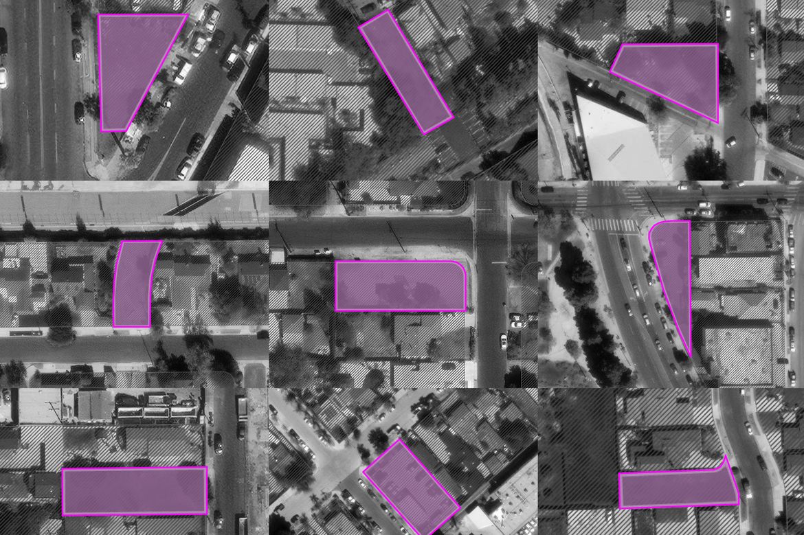 A grey overhead map of a section of Los Angeles is punctuated by pink squares that show potential building sites.