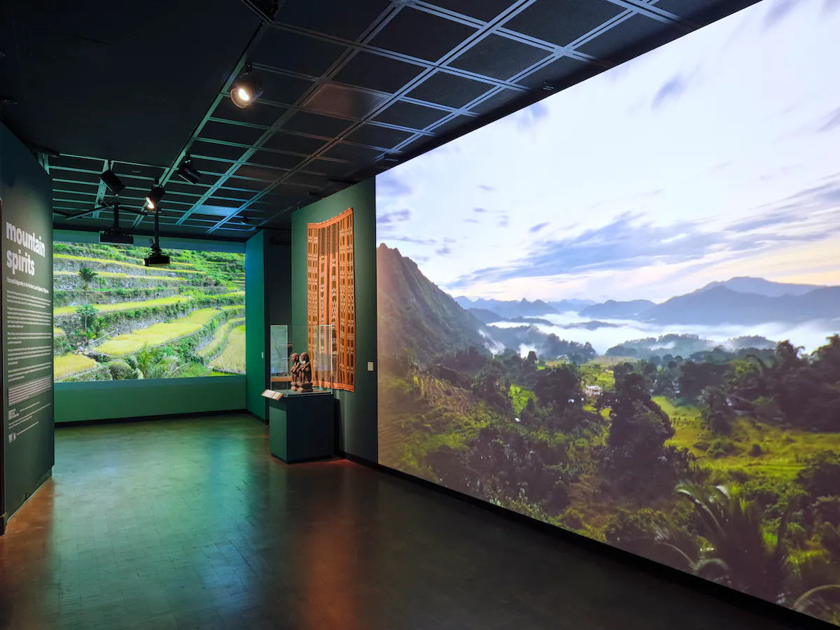 Two large video screens at the Fowler museum show sweeping landscapes of the Ifugo rice terraces
