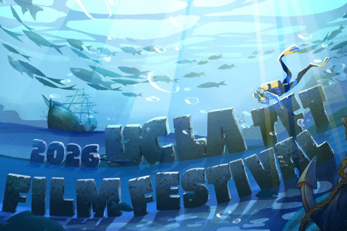 Animated graphic of an underwater scene of a scuba diver and fish. The title of the event is floating in the water. 
