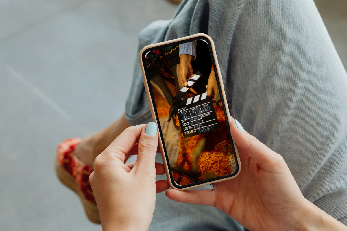 Closeup of a person holding a phone with a movie clapboard on the screen