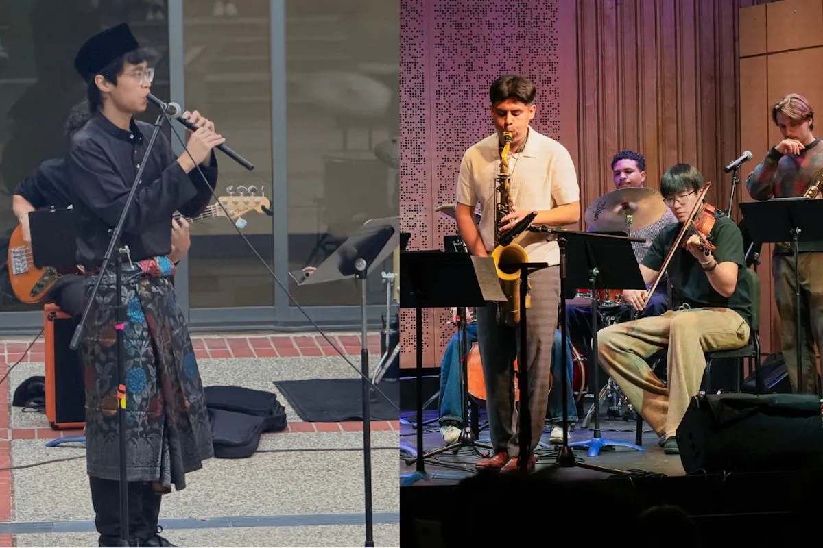 Collage of two performers, a flutist on the left and a saxophonist on the right