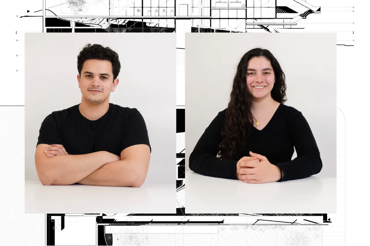 Collage with portraits of Nabil Davidson (left)  and EmaLee Davidson (right) against a backdrop of a black and white blueprint. 