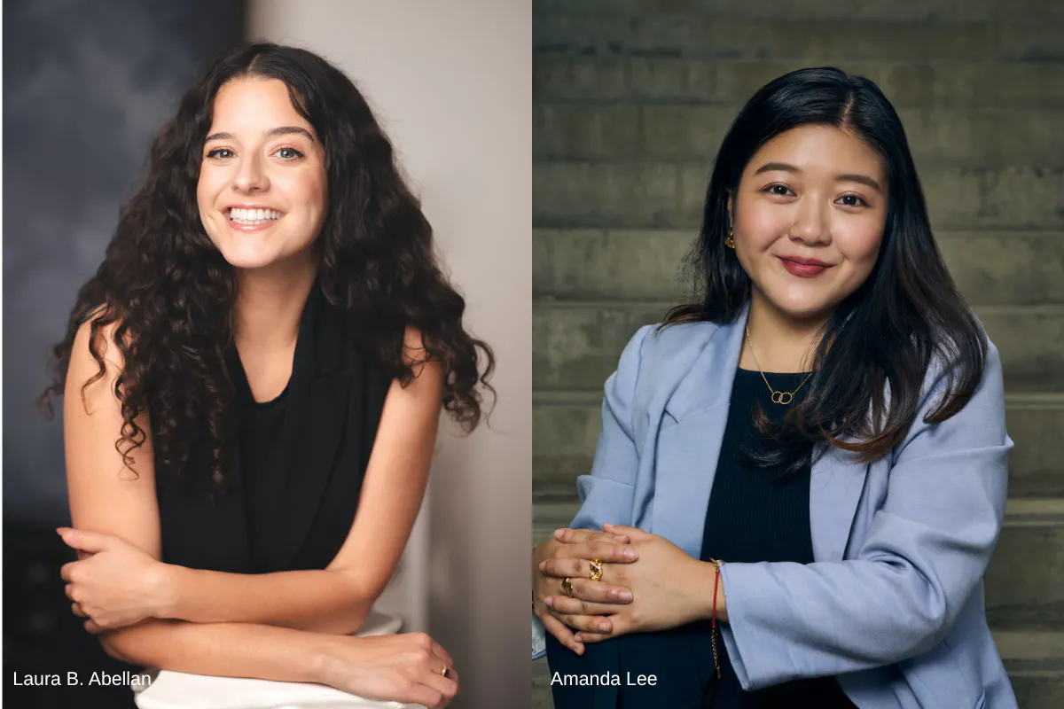 Composite of two portraits. Laura B. Abellan is on the left. She is wearing a black shirt. Amanda Lee is on the right She is wearing a blue blazer