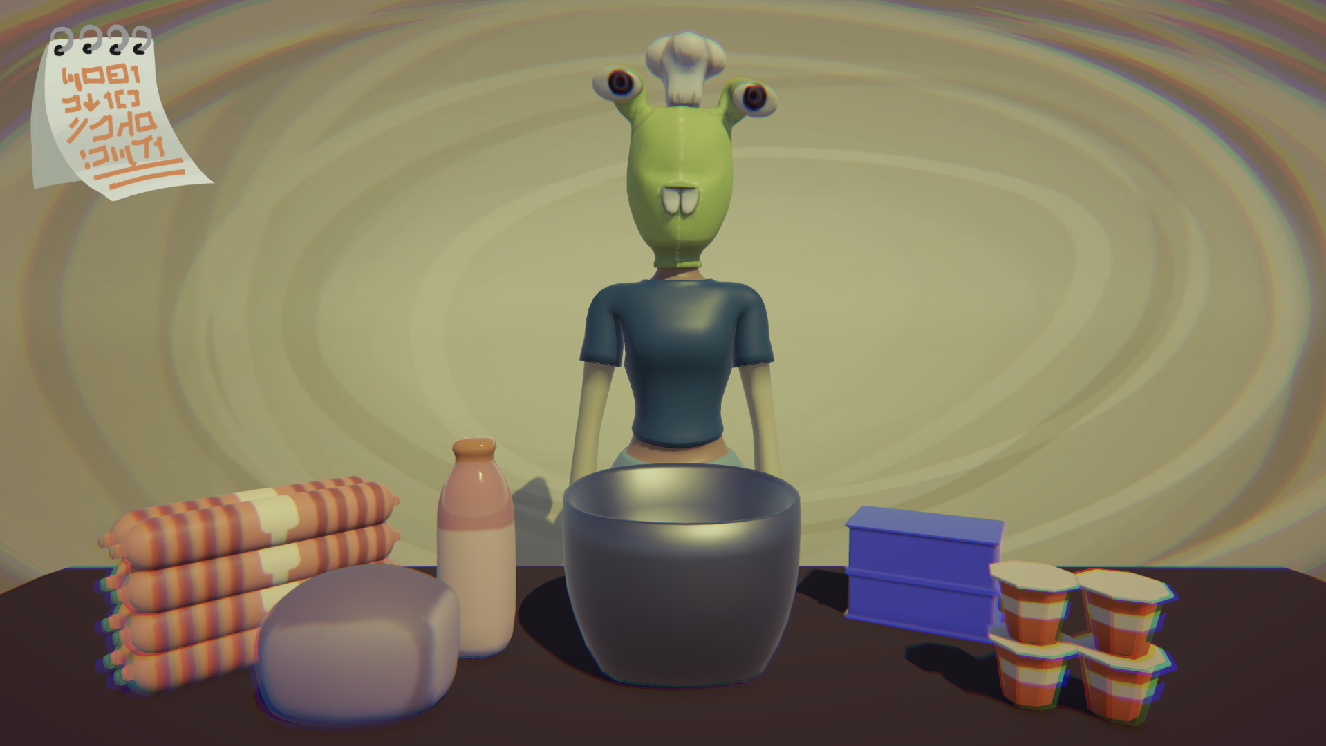 An animated alien is surrounded by cookware