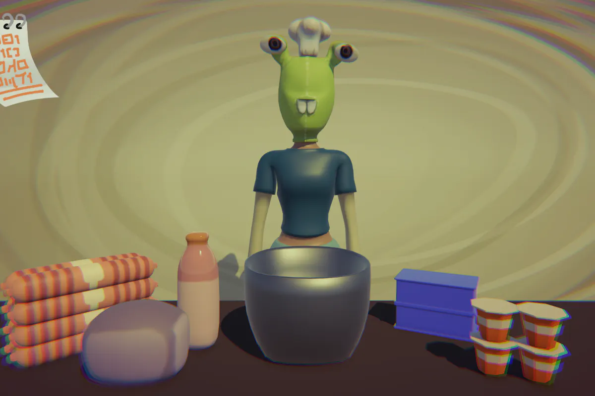 An animated alien is surrounded by cookware