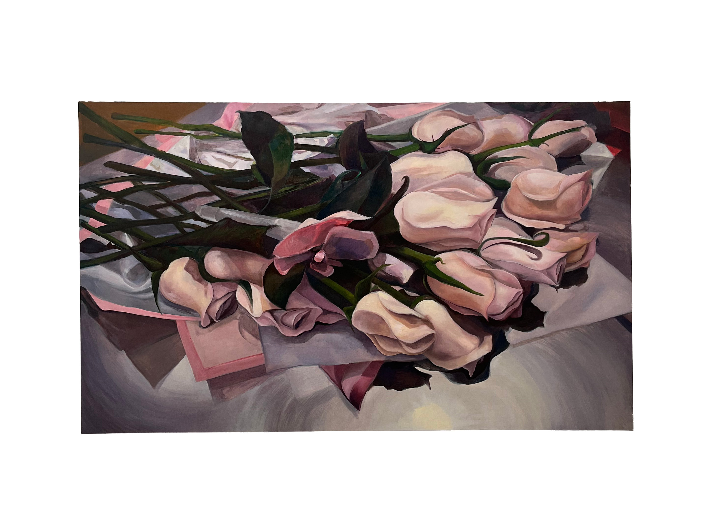 A painting of a bunch of pink roses lying on a table, their shapes blurred and softened