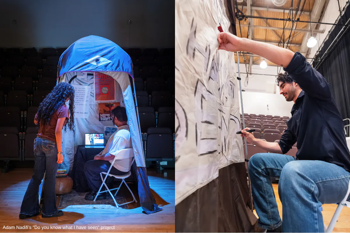 Collage of two images. An artist sets up a project and two viewers interact with it.