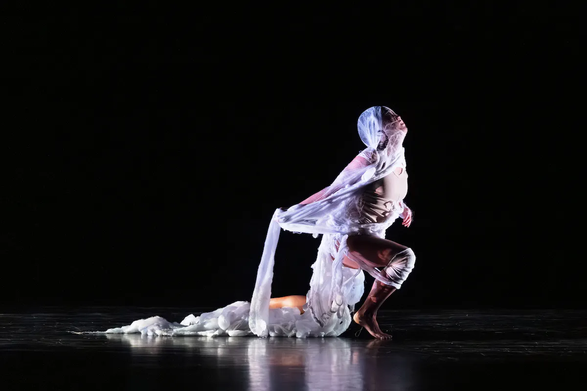 A dancer swathed in constricting white mesh performs on a darkened stage