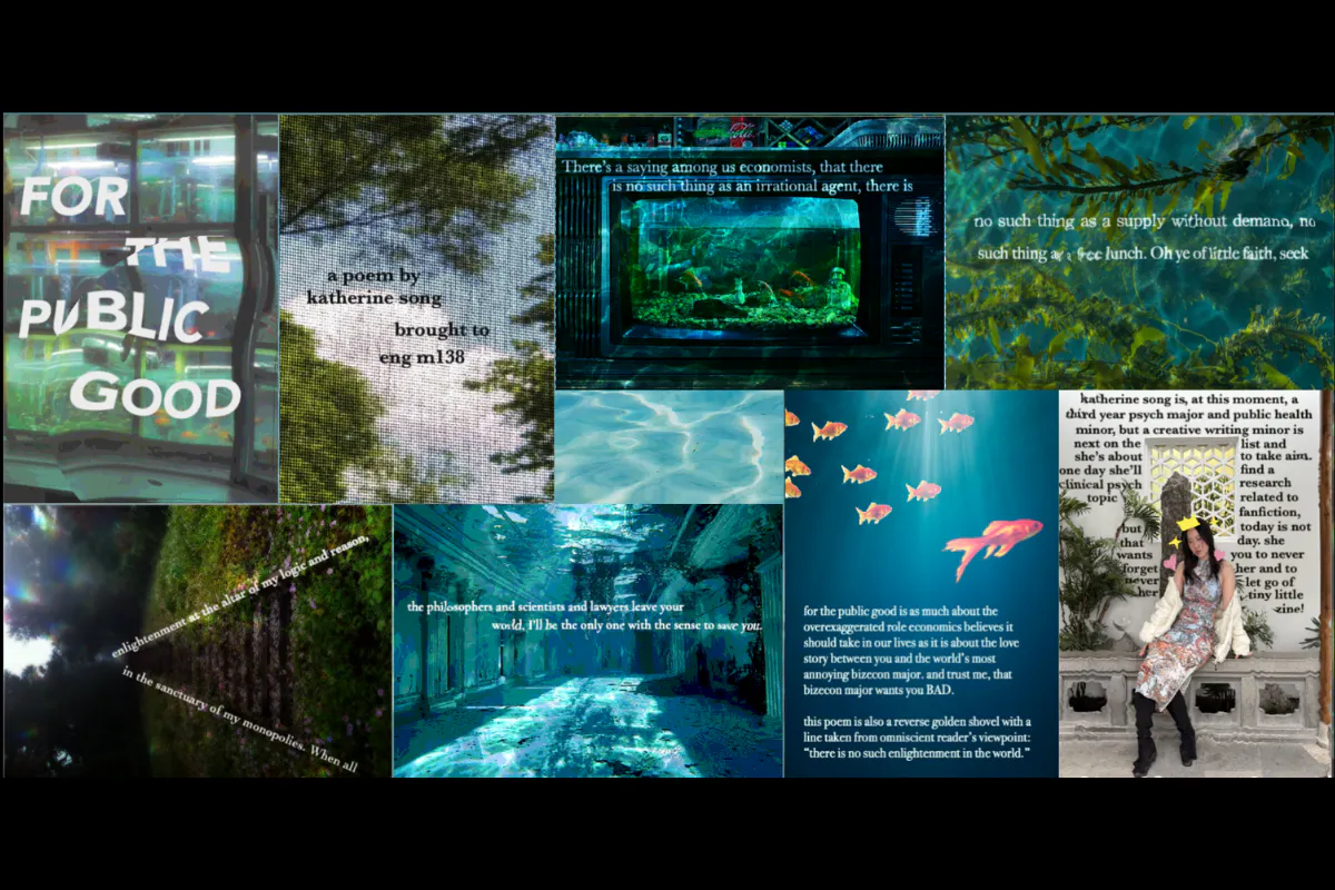Collage with multiple pages of ocean themed images and poetry text