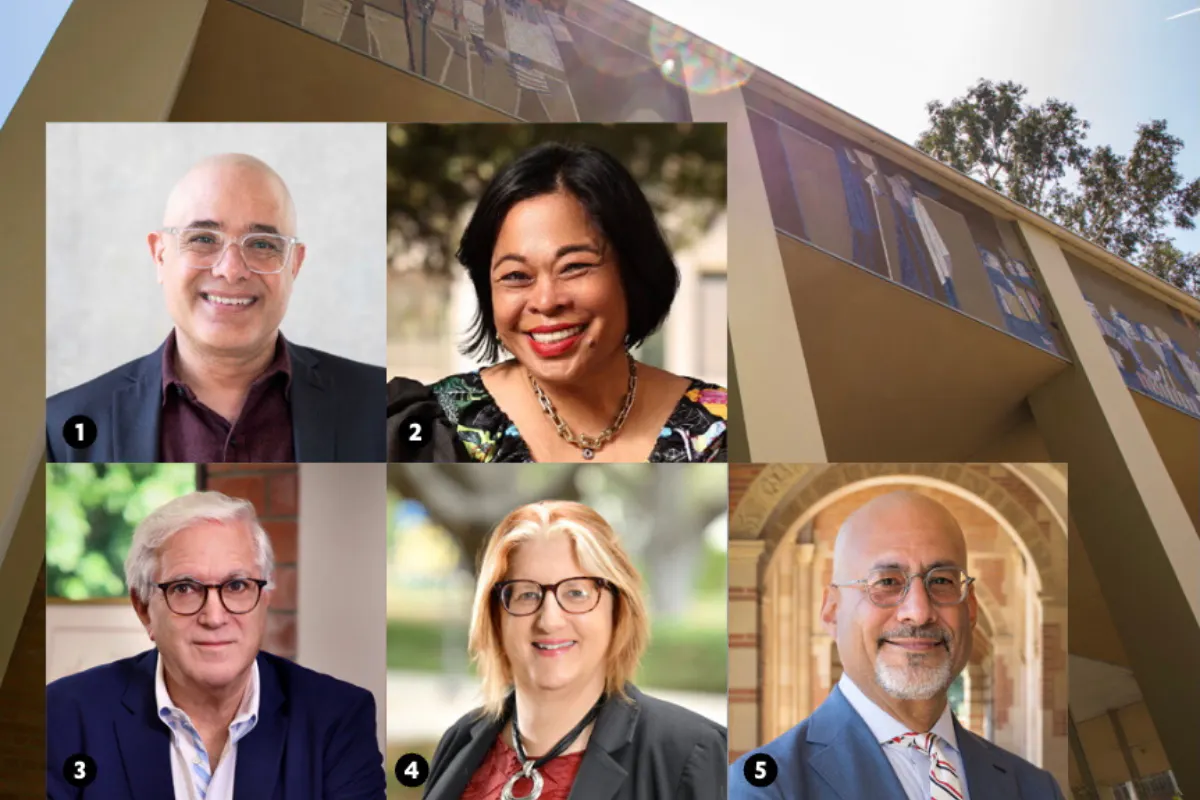 Collage featuring headshots of five UCLA deans. Three are men, two women. Against a backdrop of a campus arts building