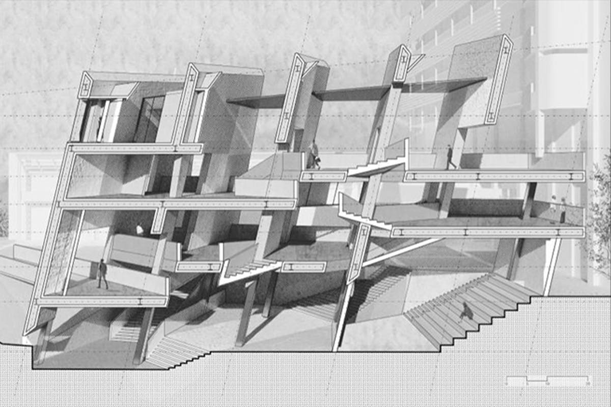 A rendering-in-progress of a proposed UCLA Arts AEDI Center, with tilted walls, created by Morgane Copp and Wei Qiu.