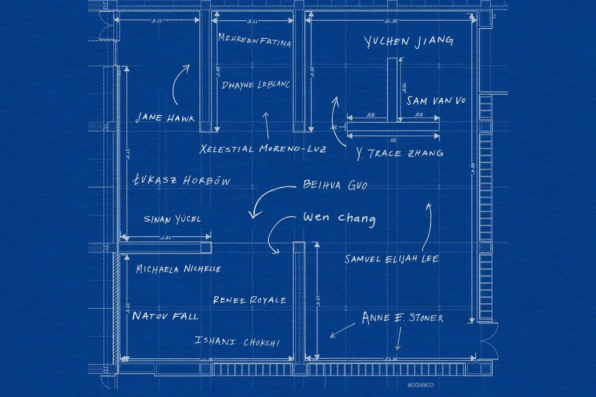 Graphic with blue background and white drawing of an art space