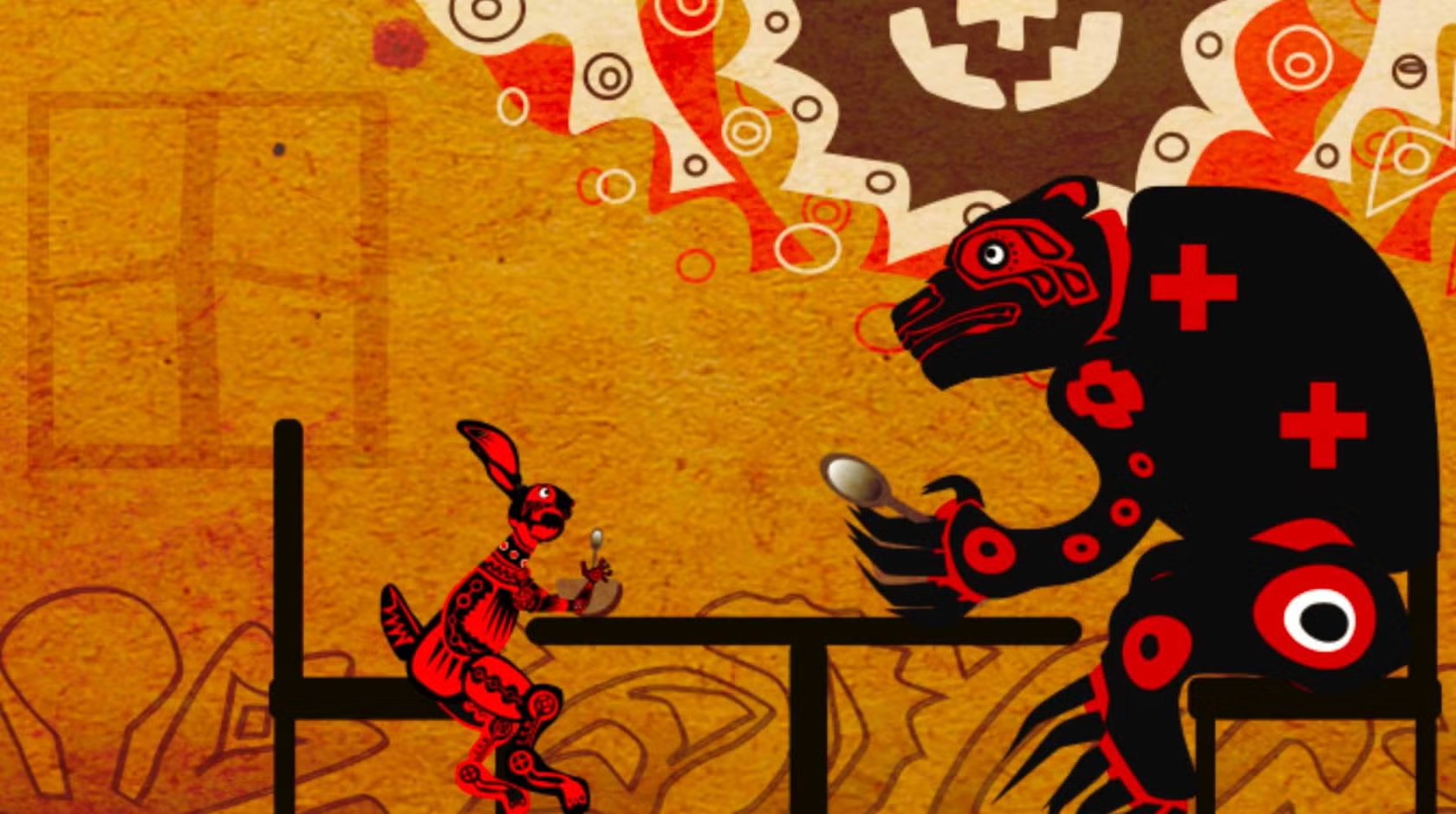 A highly stylized animation scene of a small rabbit sitting at a table with a large bear
