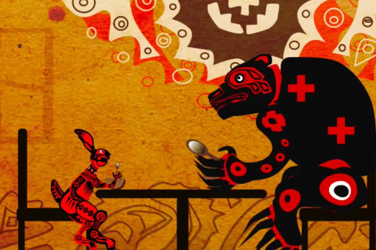 A highly stylized animation scene of a small rabbit sitting at a table with a large bear