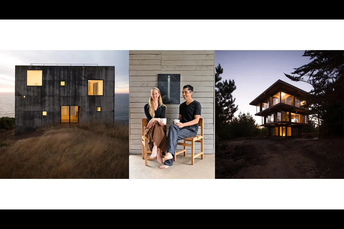 Collage with portrait of the event speakers in the middle and shots of architecture with window walls taken at sunset