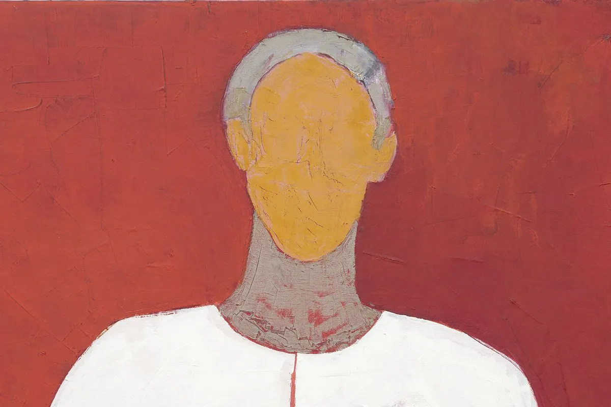 Faceless figure in a paint-streaked white smock