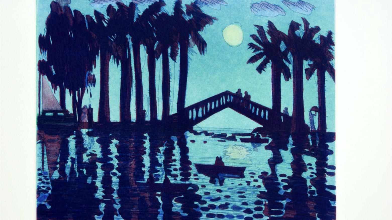 Artwork featuring canoes on a body of water ringed by palm trees under a full moon