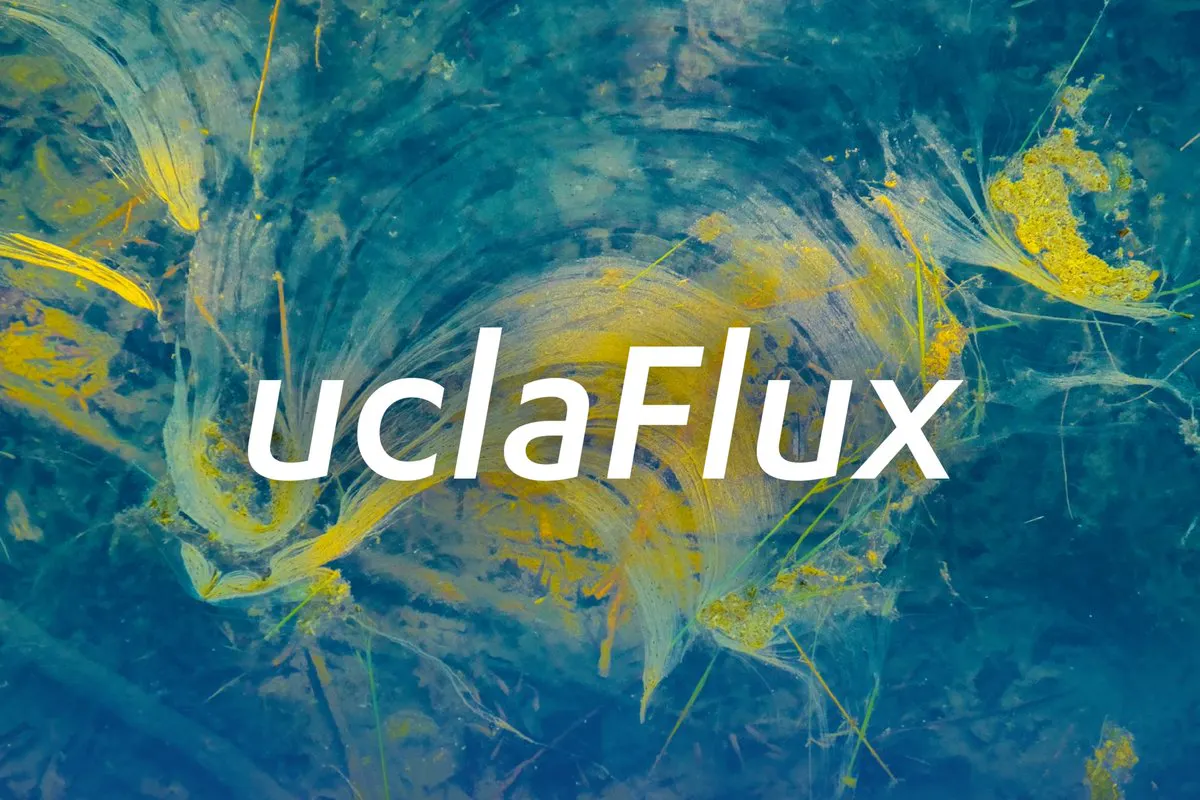 Graphic with blue and yellow swirls and the words "UCLAflux"