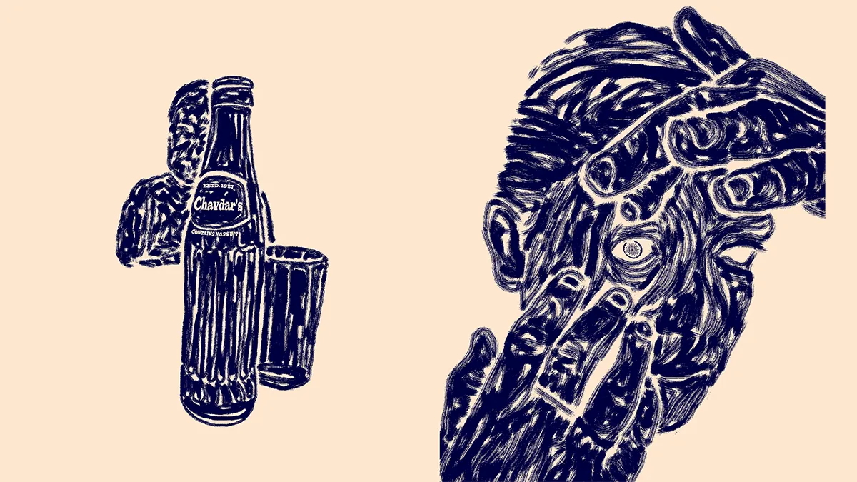 Artwork featuring hand drawn character faces and objects in dark blue against a peach background