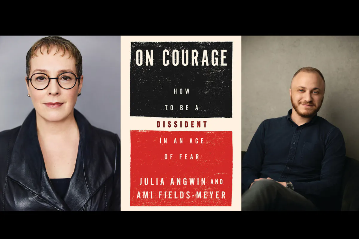 Collage with a headshot of Julia Angwin on the right and Ami Fields-Meyer on the right, with a cover image of their book in the middle