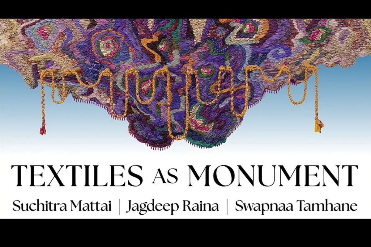 Graphic with an image of an intricate textile wall hanging with purple and multicolored swirls and hanging gold tassles, plus title of exhibition and names of artists