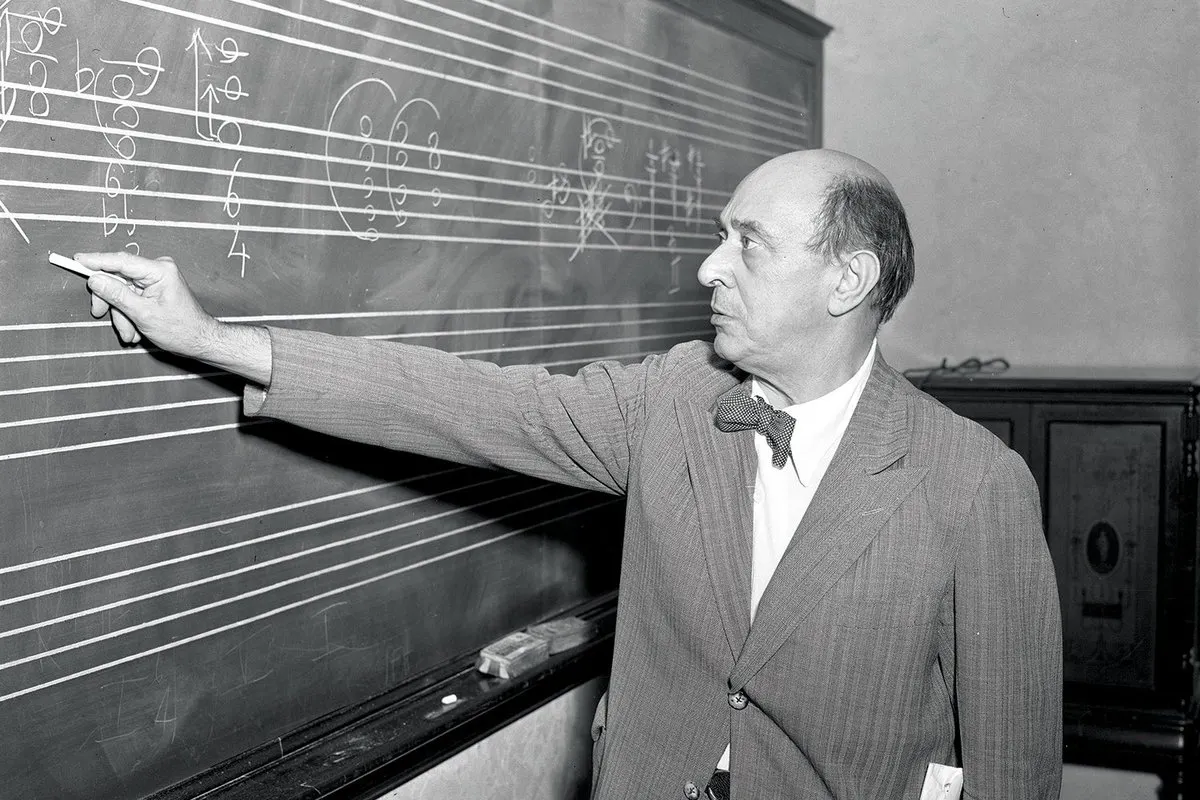 Archival image of Arnold Schoenburg marking music composition on a chalkboard