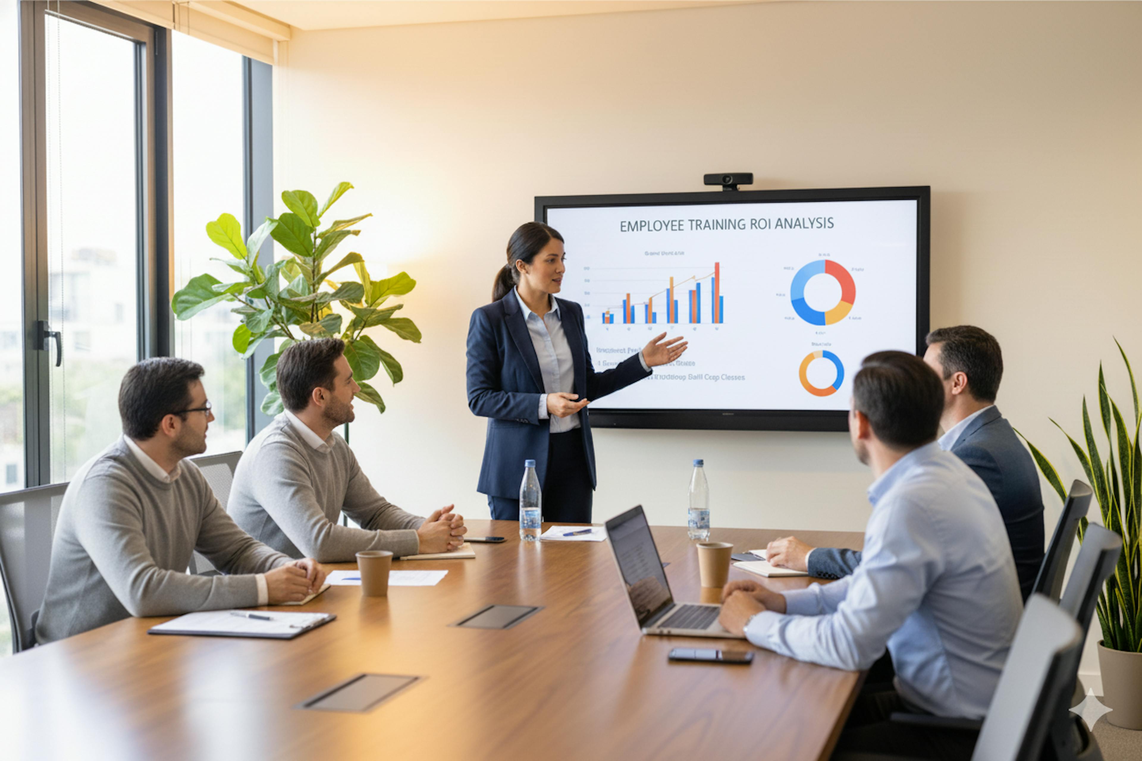 a woman hosting a corporate meeting sharing data on the ROI of employee training.