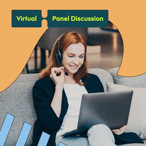 Woman sitting on couch with headset on a call