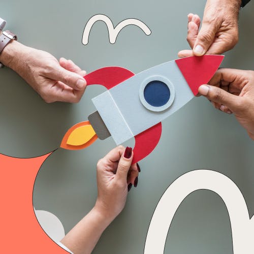 Four hands holding a cartoon rocket ship that's taking off