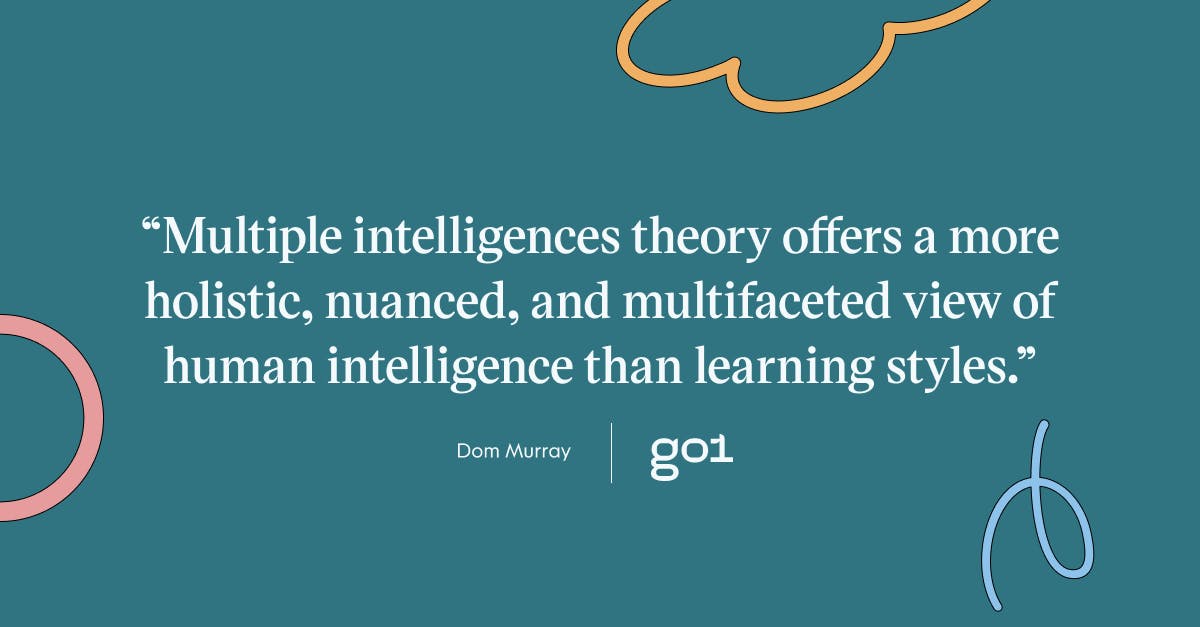 Pull quote with the text: Multiple intelligences theory offers a more holistic, nuanced, and multifaceted view of human intelligence than learning styles