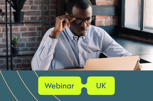 Man wearing glasses working at his desk, with the text "Webinar UK"