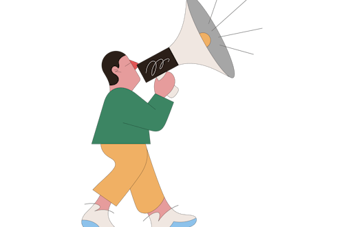 A stylised illustration of a person walking, speaking through an oversized megaphone.