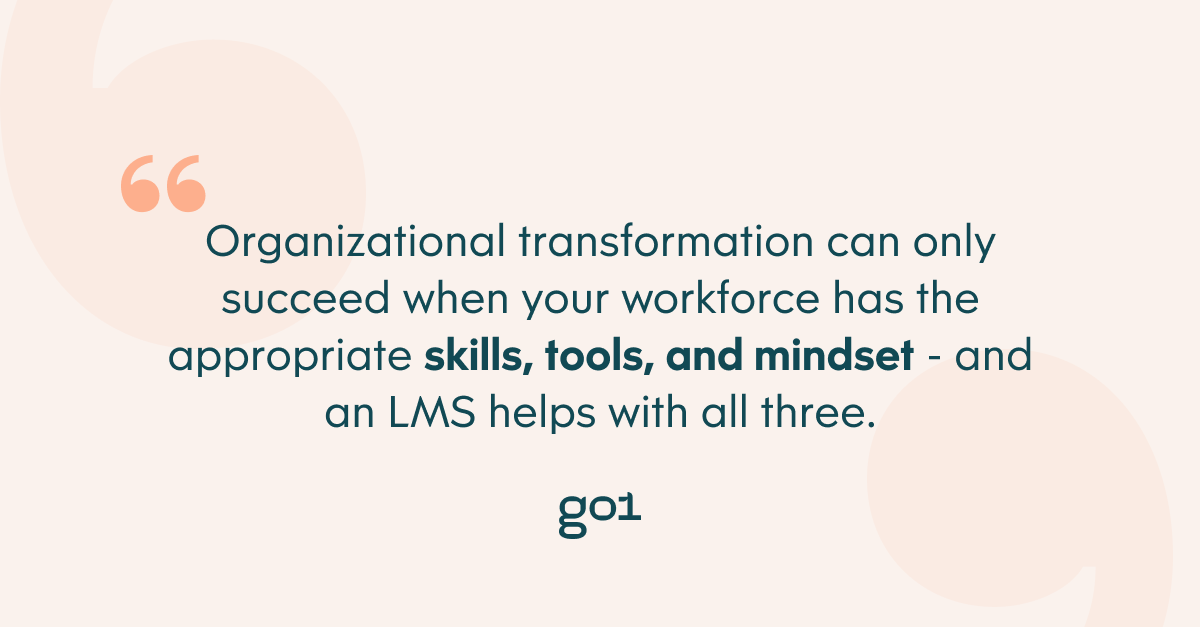 Pull quote with the text: organizational transformation can only succeed when your workforce has the appropriate skills, tools, and mindset - and an LMS helps with all three.