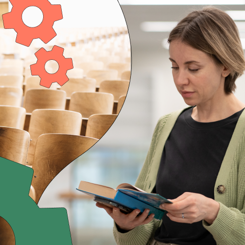 Woman standing up reading a book