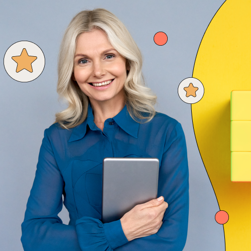 Smiling woman holding a tablet in her arms