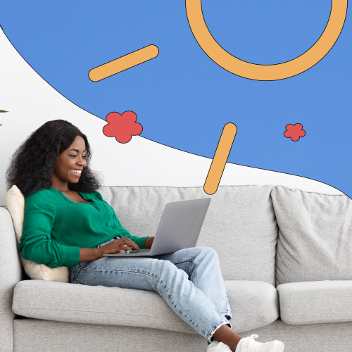 Woman smiling and working on the couch with sunshine in the background, to symbolise a healthy personal life