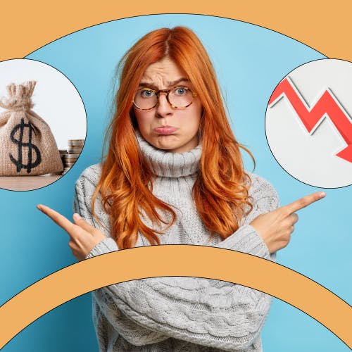 Woman looking sad pointing to a bag of money and a declining arrow, representing the cost of not investing in digital learning