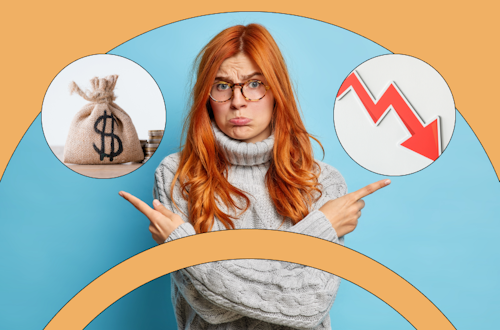 Woman looking sad pointing to a bag of money and a declining arrow, representing the cost of not investing in digital learning