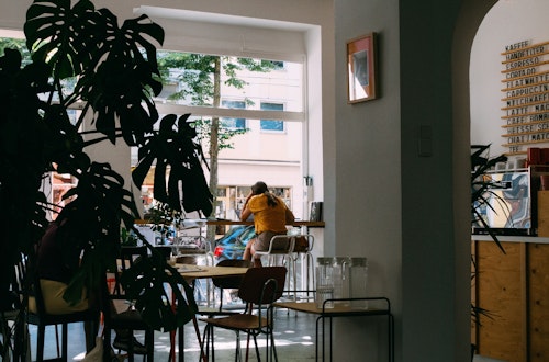 Woman reading alone in a cafe