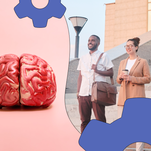 Three workers looking ahead towards a brain graphic