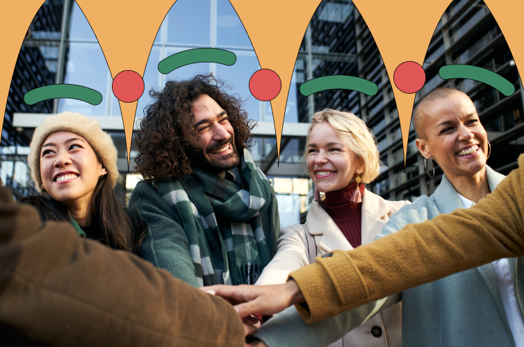 Image of workers smiling in a group with colourful graphics