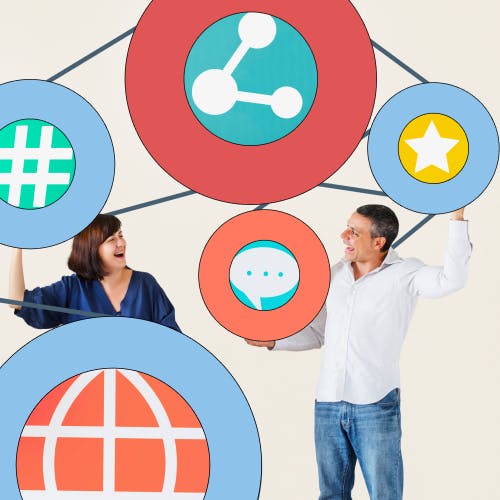 Team of people connected by digital symbols