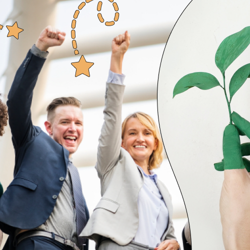 Three people standing with one arm in the air excitedly