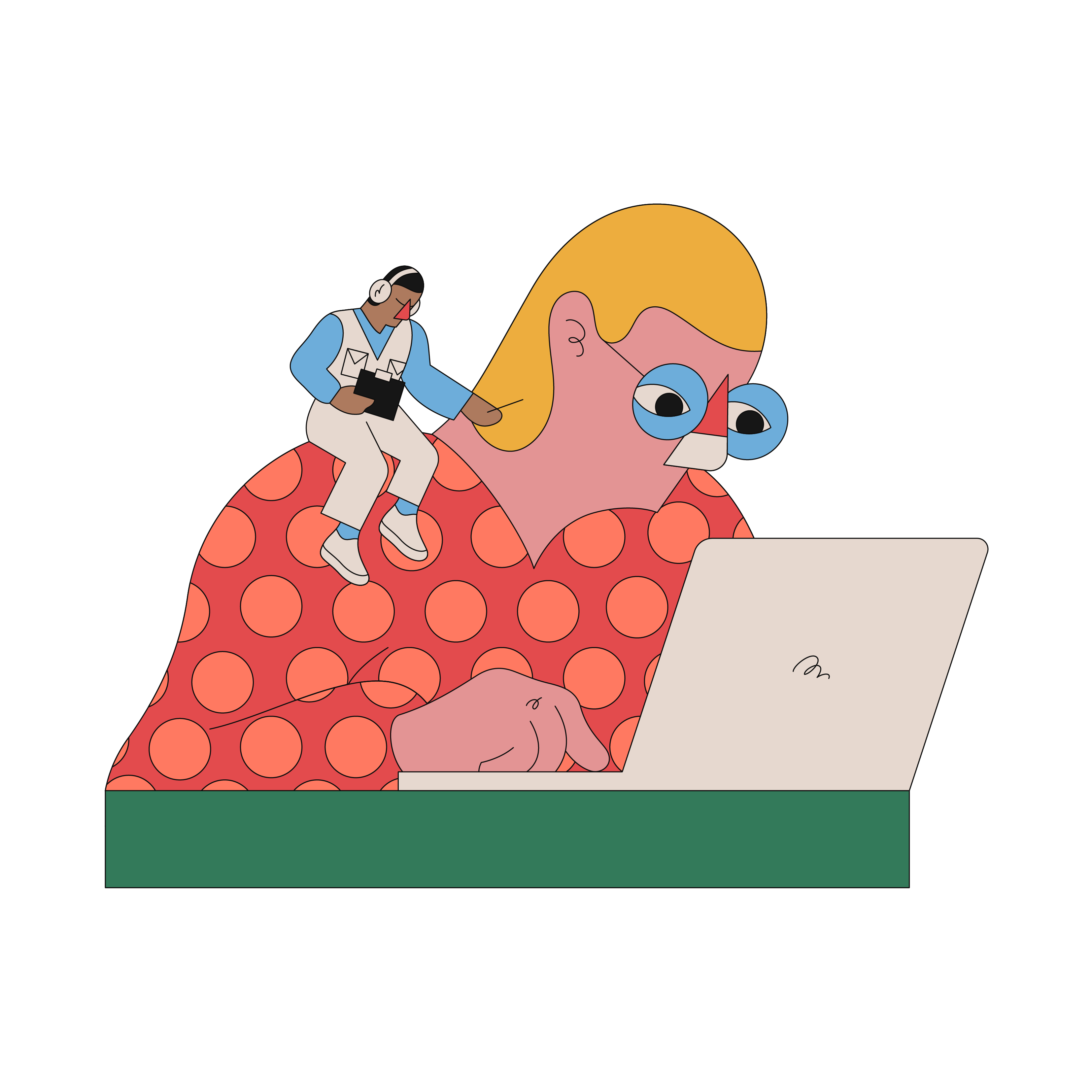 Go1 icon about a small user sitting on the shoulder of another bigger and both are looking at a laptop