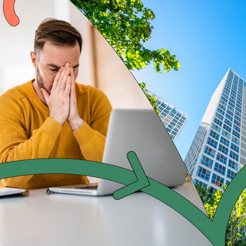 Split screen of a man working from home on a laptop and an office building, to symbolise returning to office life