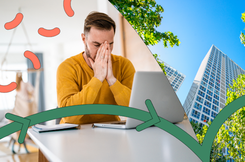 Split screen of a man working from home on a laptop and an office building, to symbolise returning to office life