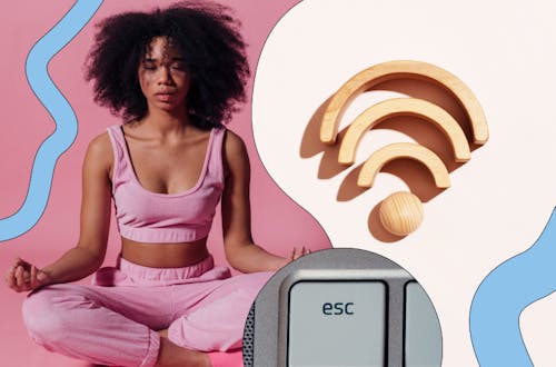 Woman in a pink yoga outfit meditating next to a wifi symbol, to symbolise digital wellbeing