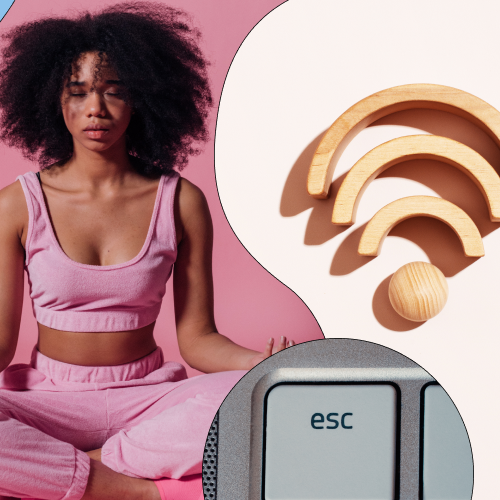 Woman in a pink yoga outfit meditating next to a wifi symbol, to symbolise digital wellbeing