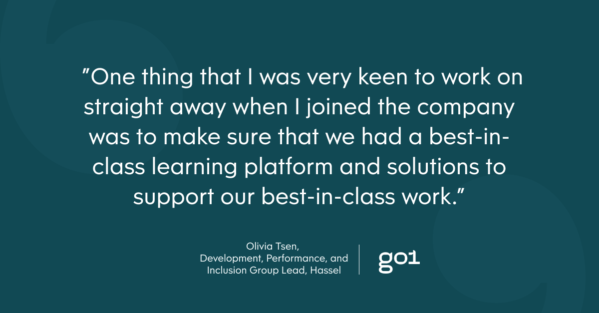 Pull quote with the text: One thing that I was very keen to work on straight away when I joined the company was to make sure that we had a best-in-class learning platform and solutions to support our best-in-class work